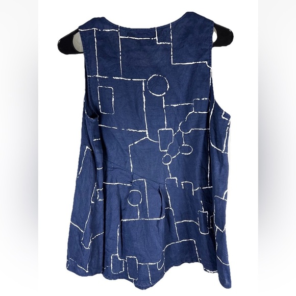 Chalet et Ceci Linen Tank Top S Blue White Abstract Geometric Artsy Lagenlook - Picture 2 of 8